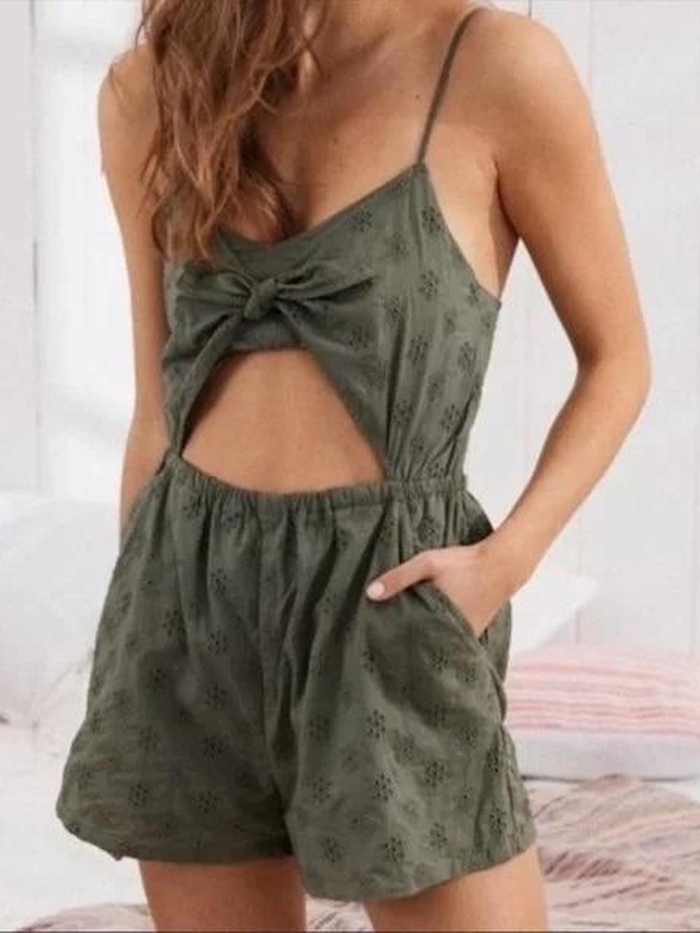 aerie Olive Green Eyelet Romper